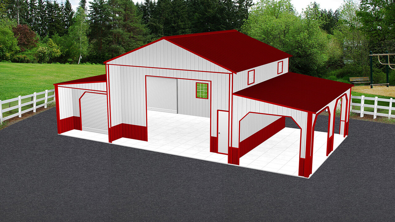 Custom metal barn with red roofs and rv port