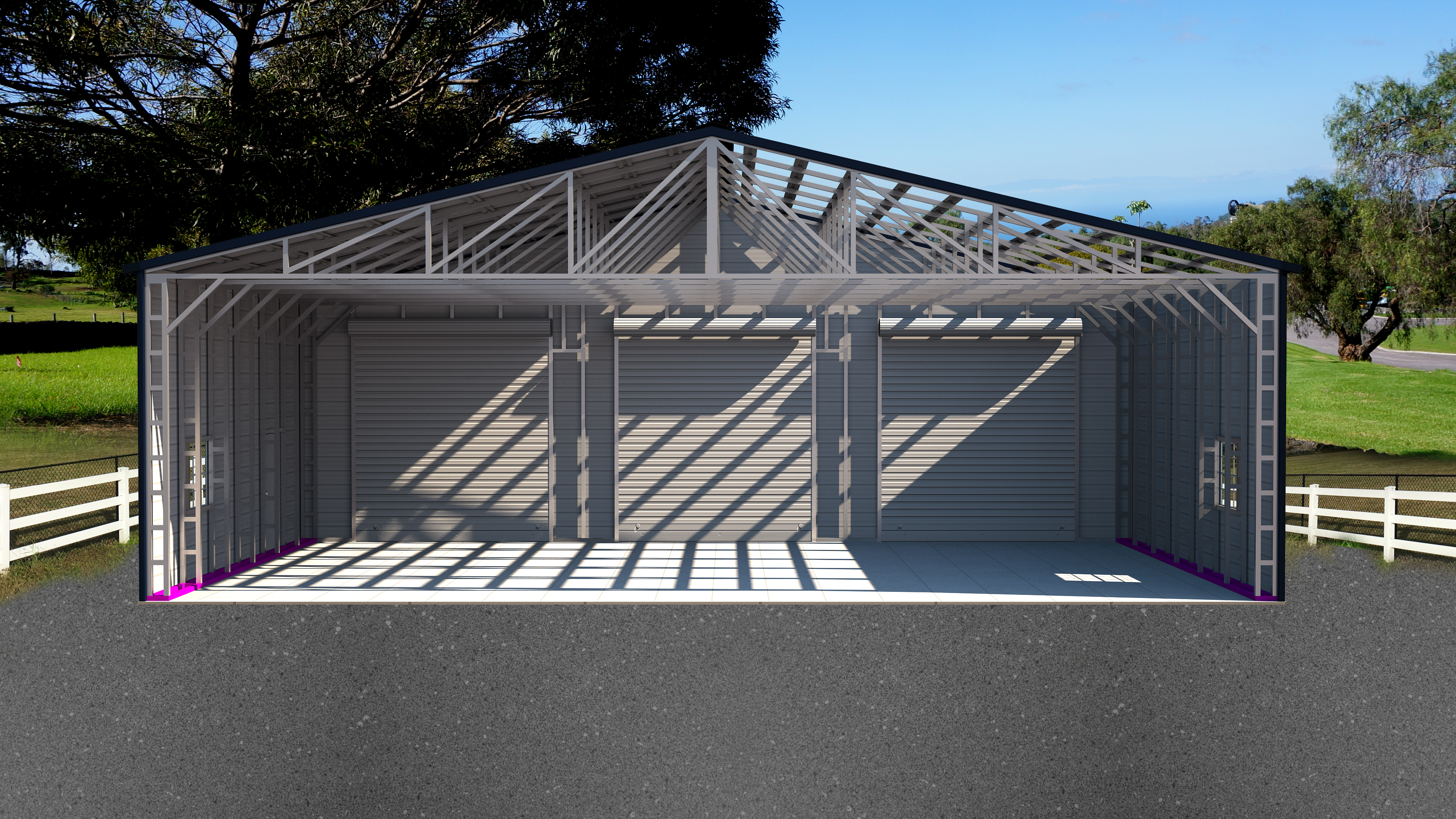 front view of custom metal garage with base rail