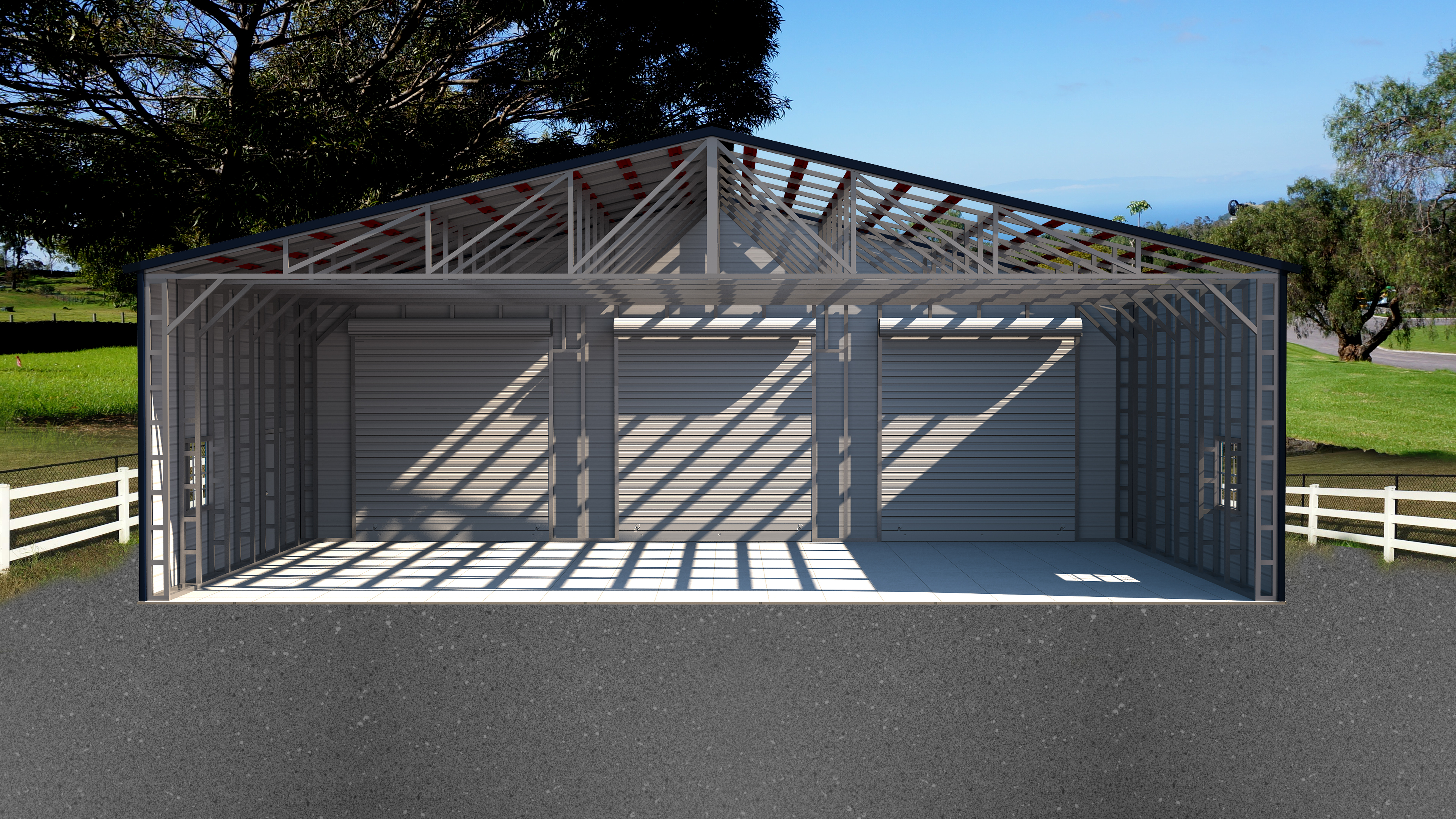 front view of custom metal garage with hat channel