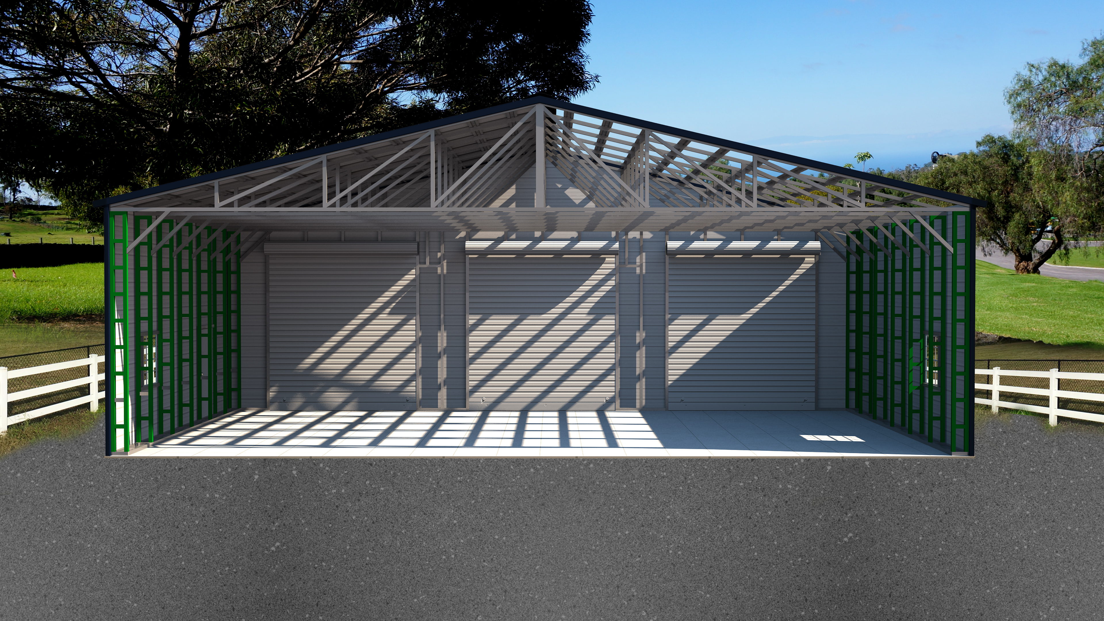 front view of custom metal garage with legs installed