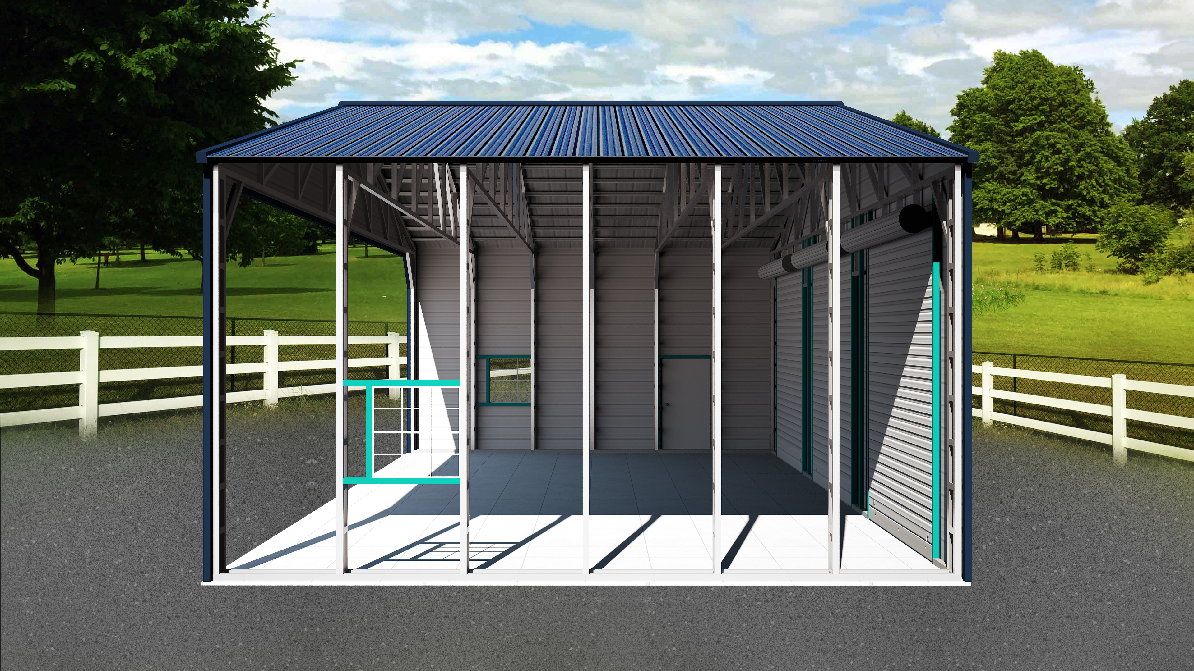 side view of custom metal garage with frame out