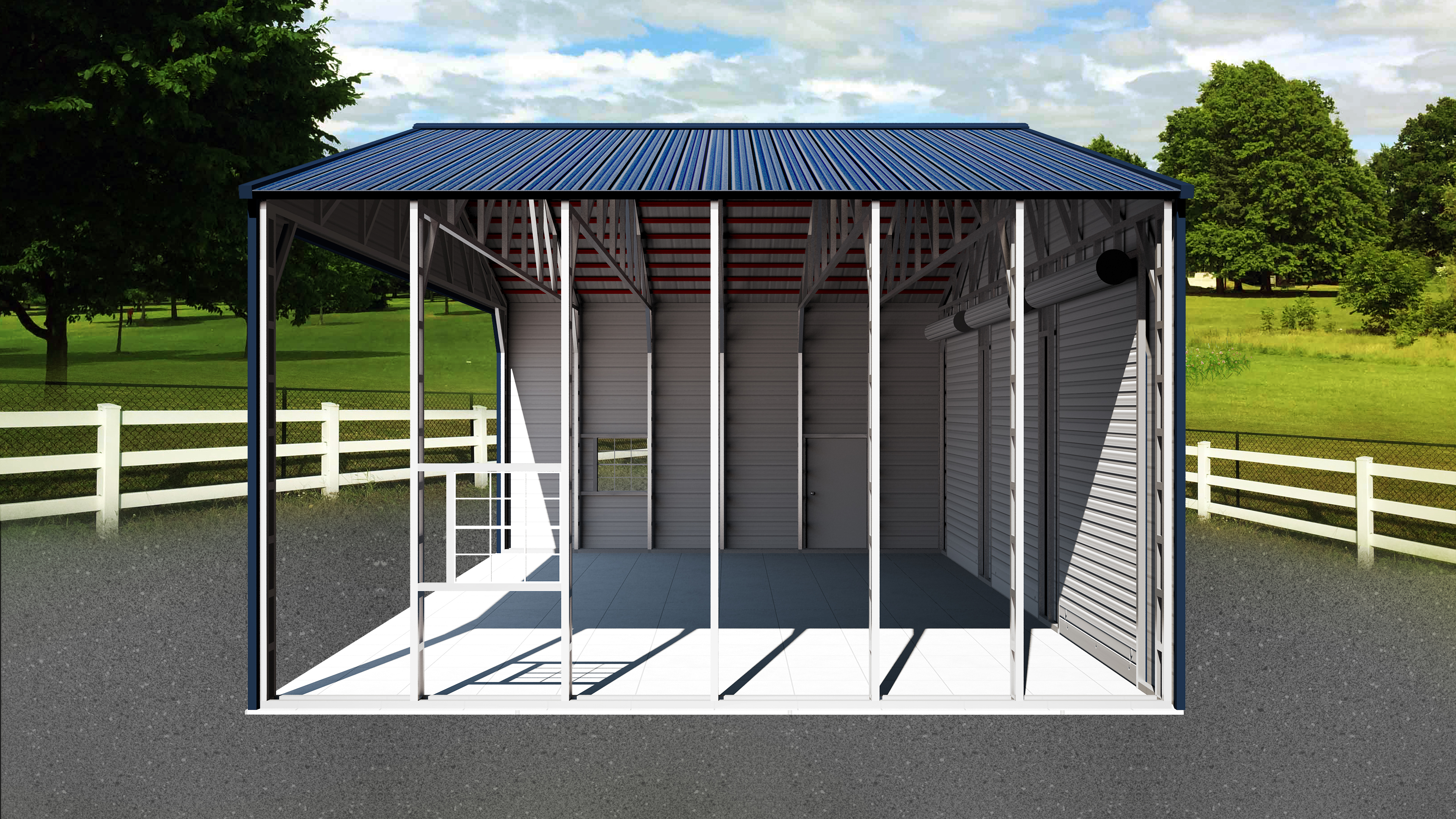 side view of custom metal garage with hat channel