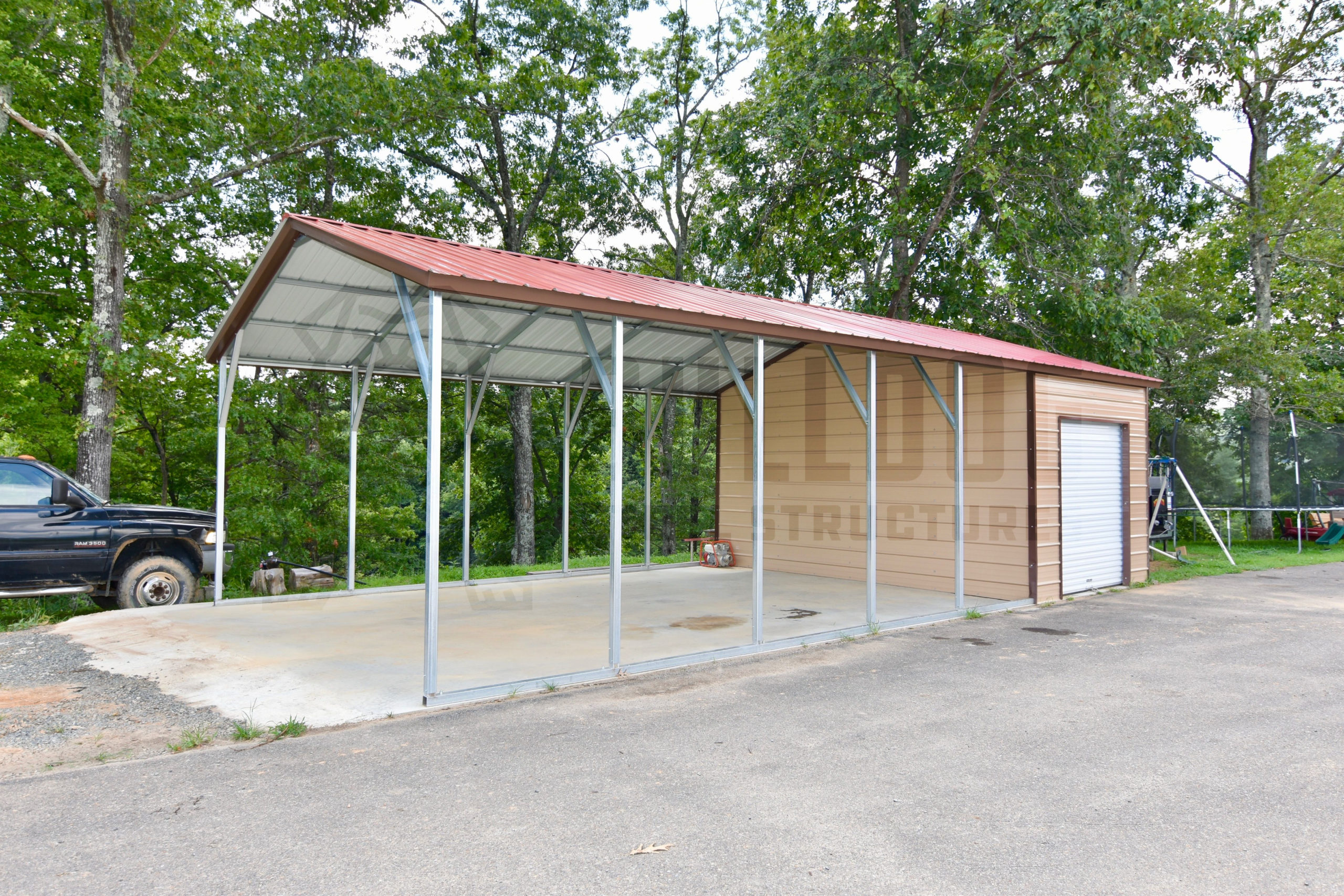 Car port with storage shed attached