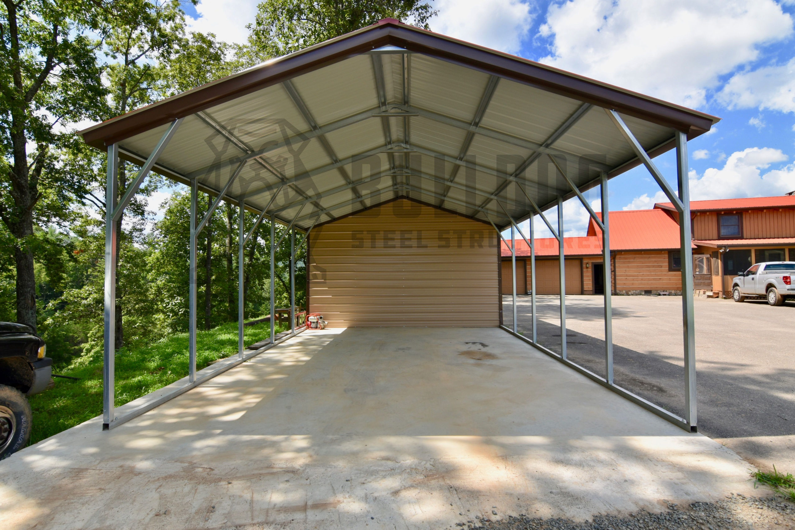 Car port with small storage shed attached to the end