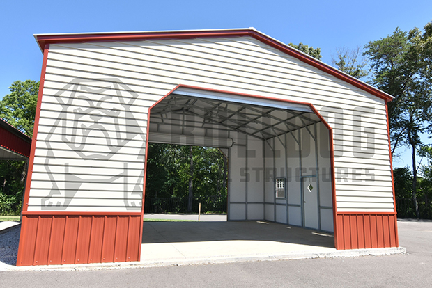 front view of red and white garage