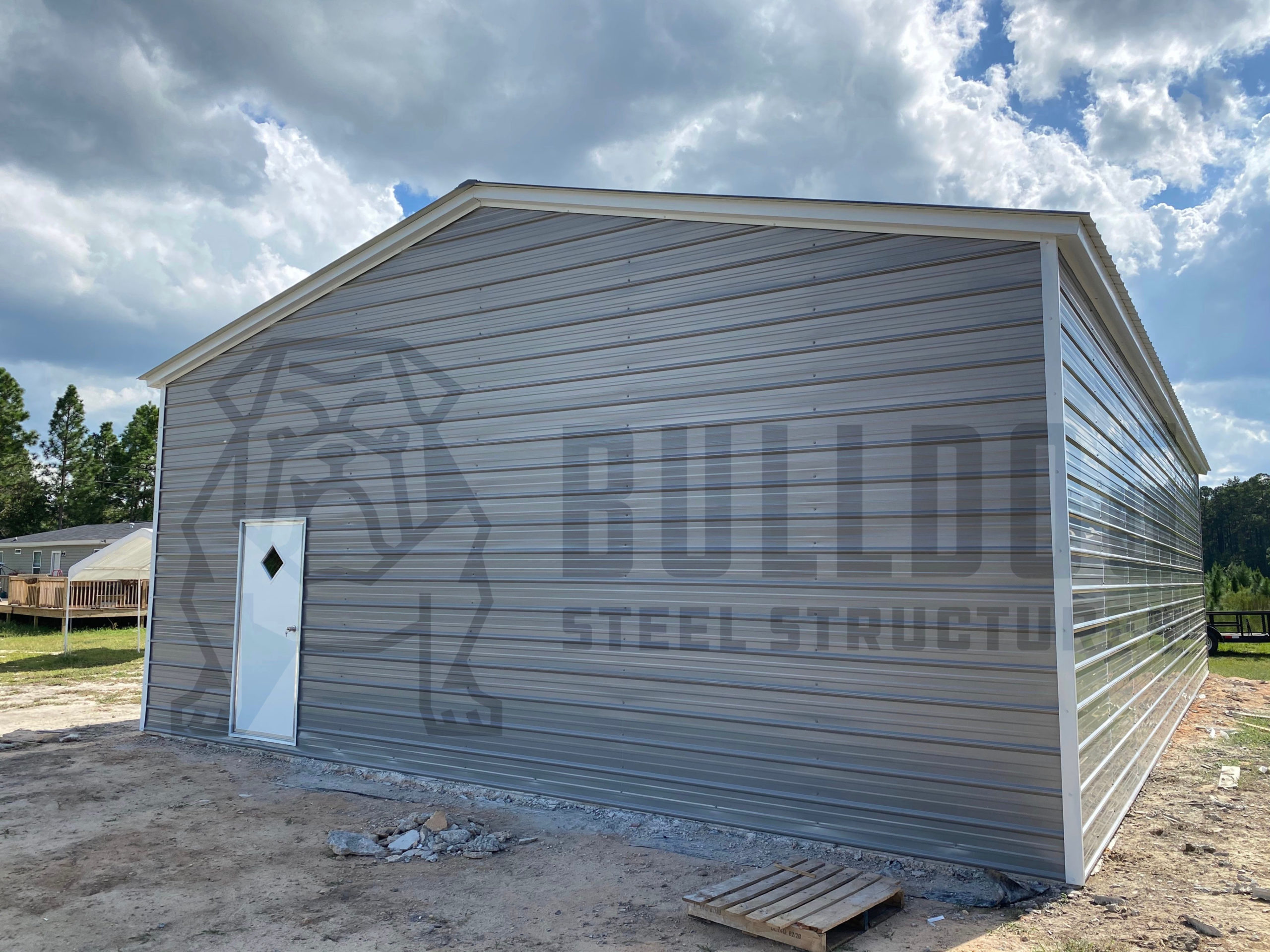 Exterior of metal shed