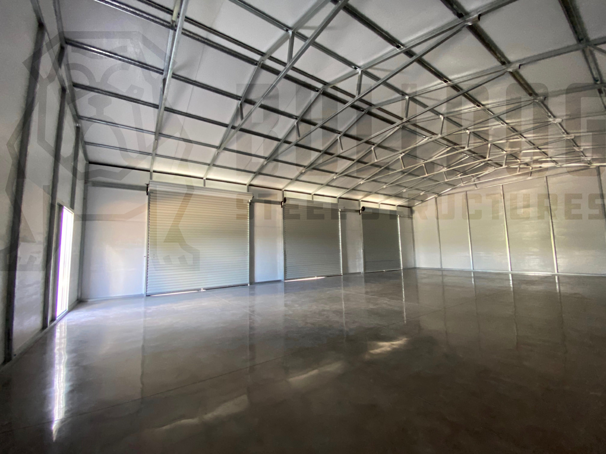 Interior of spacious metal garage