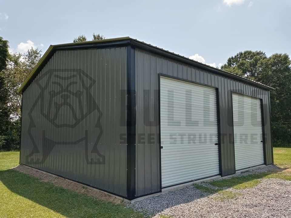 side view of grey garage with two doors