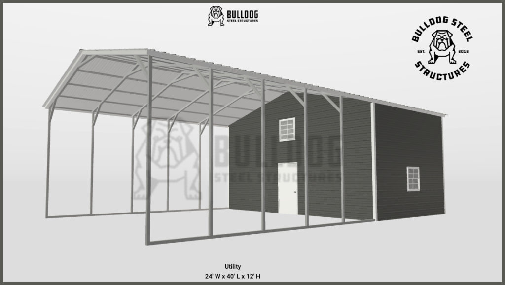 Computer model of carport with gray storage shed attached.