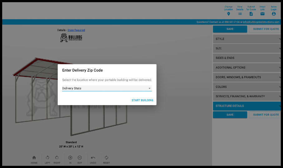 Screenshot of 3D builder with "Enter Delivery Zip Code" box open to choose your state.