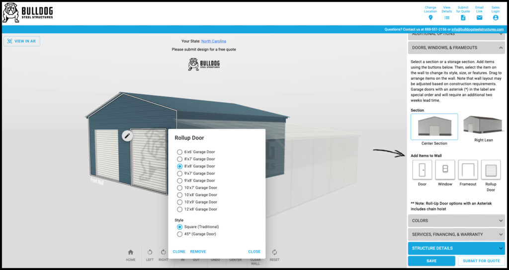 Doors, windows, and frameouts options in 3D design builder.