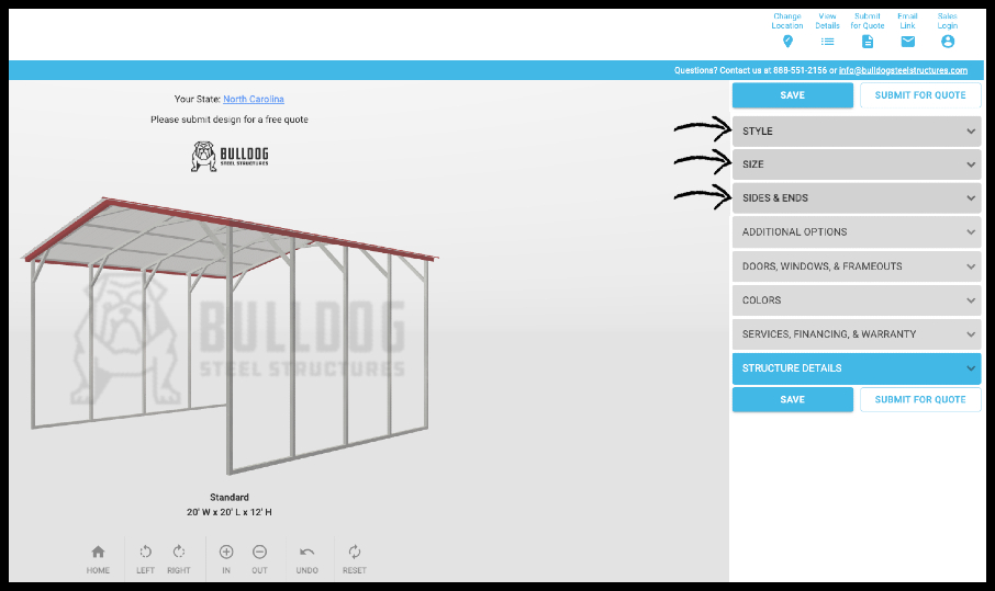 Screenshot of 3D builder open to 3D image of building with Style, Size, and Sides options on right side.